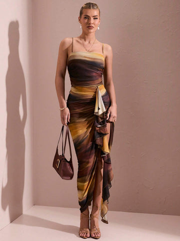 Women's Graduation Dress Printed Spaghetti Strap With Slit And Flutter Hem Summer Dress