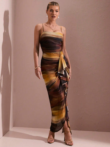 Women's Graduation Dress Printed Spaghetti Strap With Slit And Flutter Hem Summer Dress