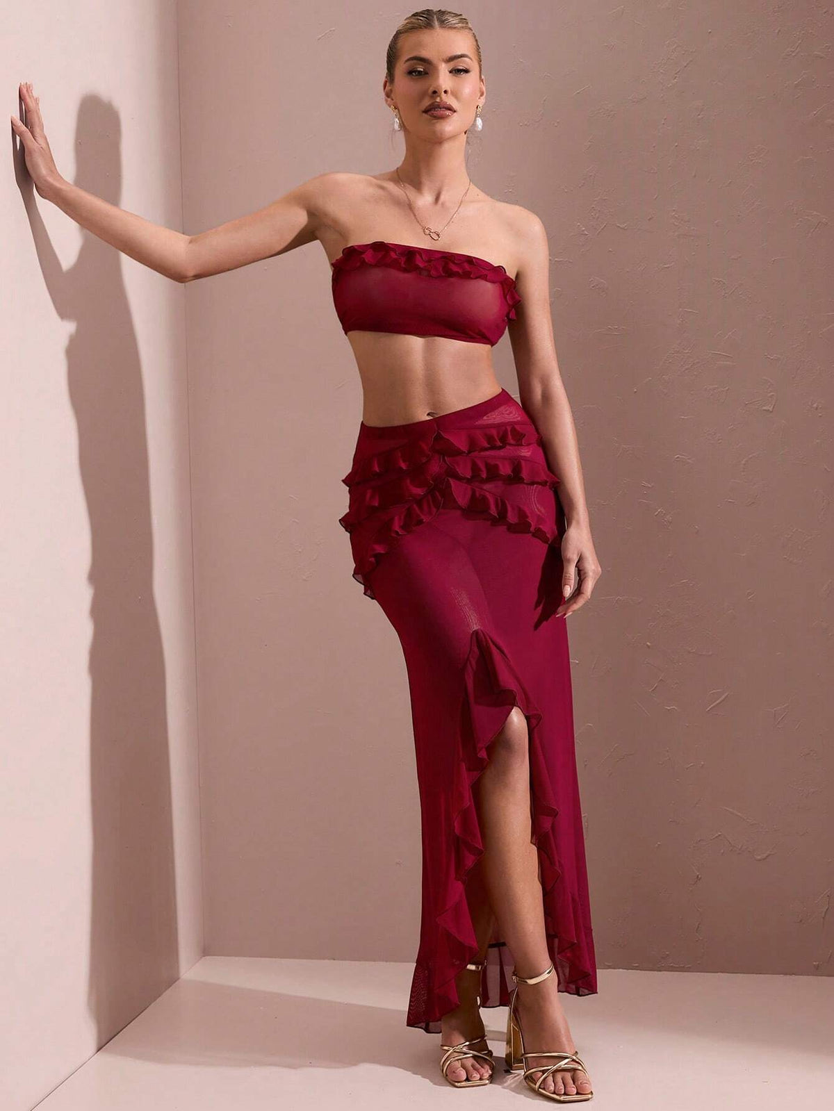 Women's Graduation Gown, Sheer Mesh With Solid Color, Ruffle Hem, High Slit, Strapless, Long Dress Suit, Summer