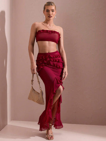 Women's Graduation Gown, Sheer Mesh With Solid Color, Ruffle Hem, High Slit, Strapless, Long Dress Suit, Summer