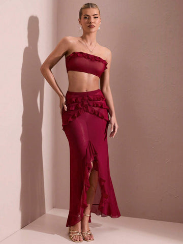 Women's Graduation Gown, Sheer Mesh With Solid Color, Ruffle Hem, High Slit, Strapless, Long Dress Suit, Summer