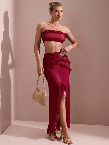 Women's Graduation Gown, Sheer Mesh With Solid Color, Ruffle Hem, High Slit, Strapless, Long Dress Suit, Summer