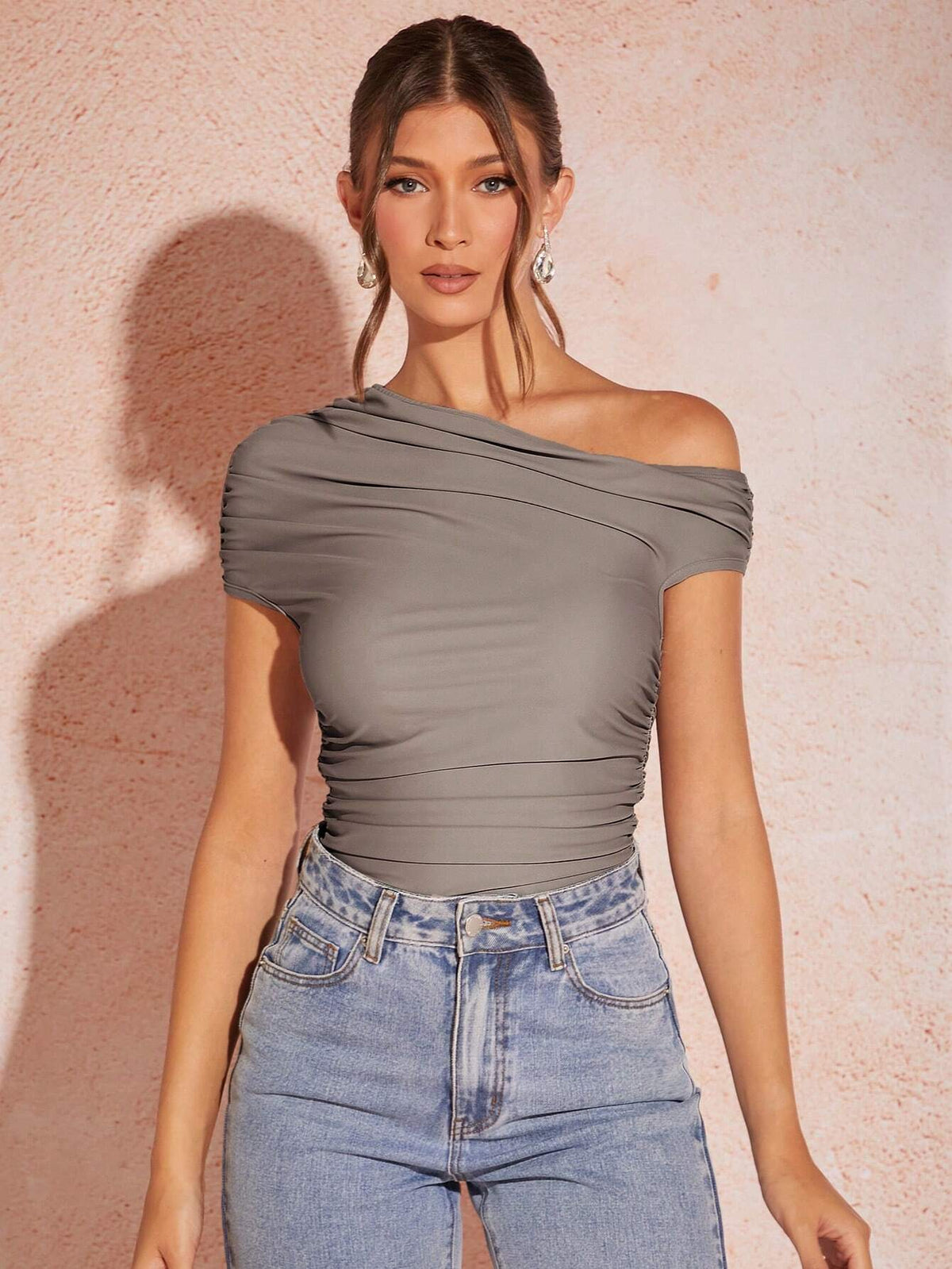 Women's Gray Asymmetrical Neckline Ruffled Knit Bodycon Bodysuit