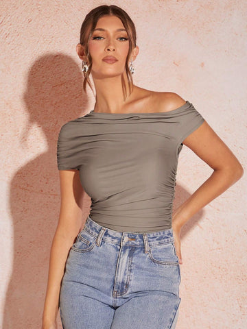 Women's Gray Asymmetrical Neckline Ruffled Knit Bodycon Bodysuit