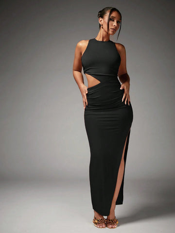 Women's High Elastic Knitted Asymmetrical Hollow Out High Slit Ruched Party Dress, Festive