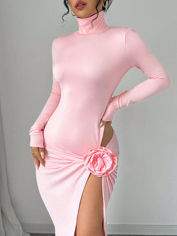 Women's High Neck Long Sleeve Ruched Side High Slit Floral Dress