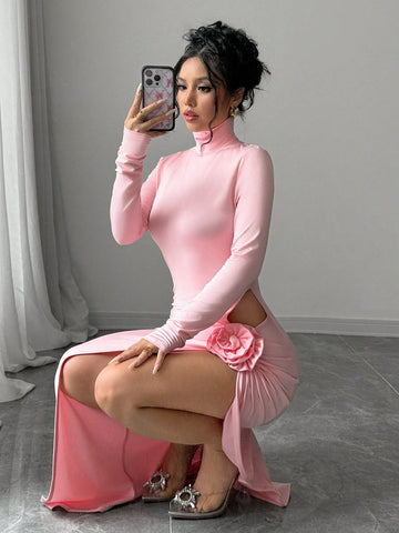 Women's High Neck Long Sleeve Ruched Side High Slit Floral Dress