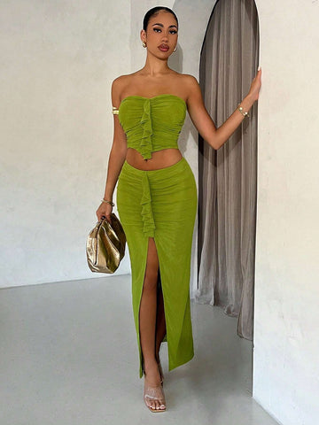 Women's Holiday Style Mesh Ruffled Ruched Strapless Solid Color Maxi Dress Set, Perfect For Date Or Graduation Season