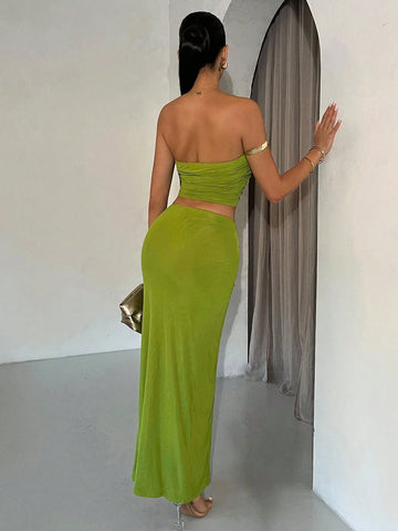 Women's Holiday Style Mesh Ruffled Ruched Strapless Solid Color Maxi Dress Set, Perfect For Date Or Graduation Season