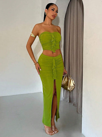 Women's Holiday Style Mesh Ruffled Ruched Strapless Solid Color Maxi Dress Set, Perfect For Date Or Graduation Season