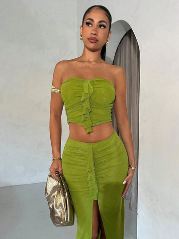 Women's Holiday Style Mesh Ruffled Ruched Strapless Solid Color Maxi Dress Set, Perfect For Date Or Graduation Season