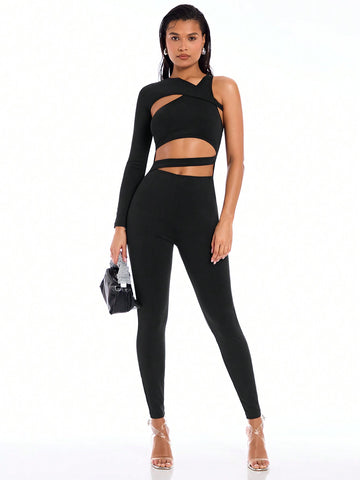 Women's Irregular Wrap Cut Out Tight Jumpsuit
