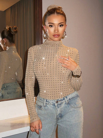 Women's Khaki Simple Stand Collar Long Sleeve Rhinestone Decorated Bodysuit For Clubbing, Party, Street Wear