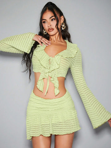 Women's Knotted Short Crop Top And Skirt Set With Textured Fabric