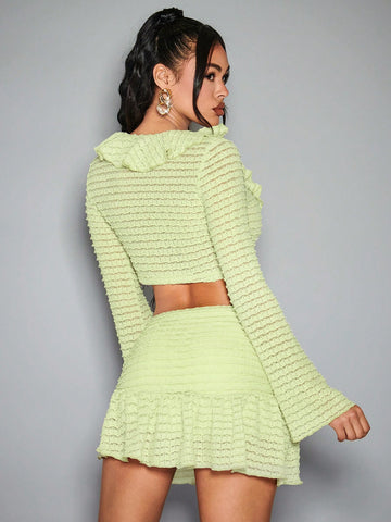 Women's Knotted Short Crop Top And Skirt Set With Textured Fabric