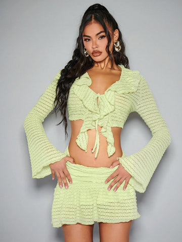 Women's Knotted Short Crop Top And Skirt Set With Textured Fabric