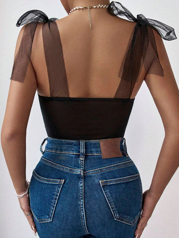 Women's Lace Contrast Mesh Cami Bodysuit