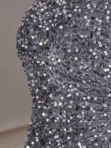 Women's New Fashion Classic Elegant Single Sleeve Oblique Shoulder Heavy Sequins Bodycon Cockt