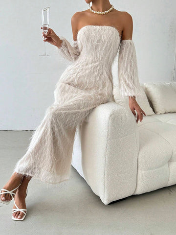 Women's Off-Shoulder Long Sleeve Furry Long Fitted Dress
