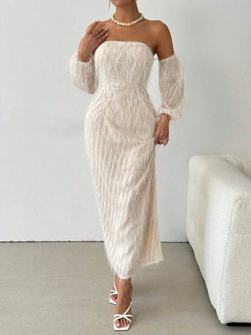 Women's Off-Shoulder Long Sleeve Furry Long Fitted Dress
