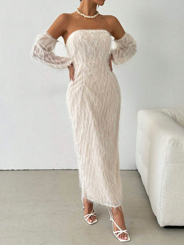 Women's Off-Shoulder Long Sleeve Furry Long Fitted Dress
