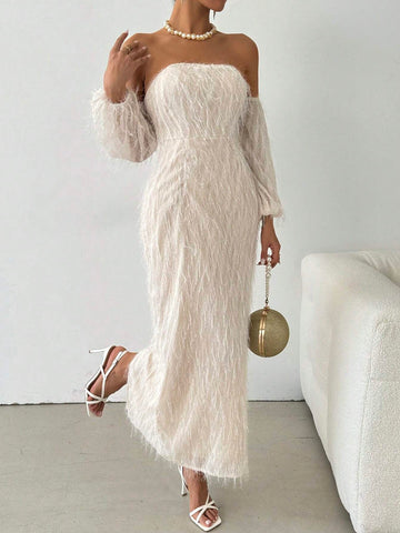 Women's Off-Shoulder Long Sleeve Furry Long Fitted Dress