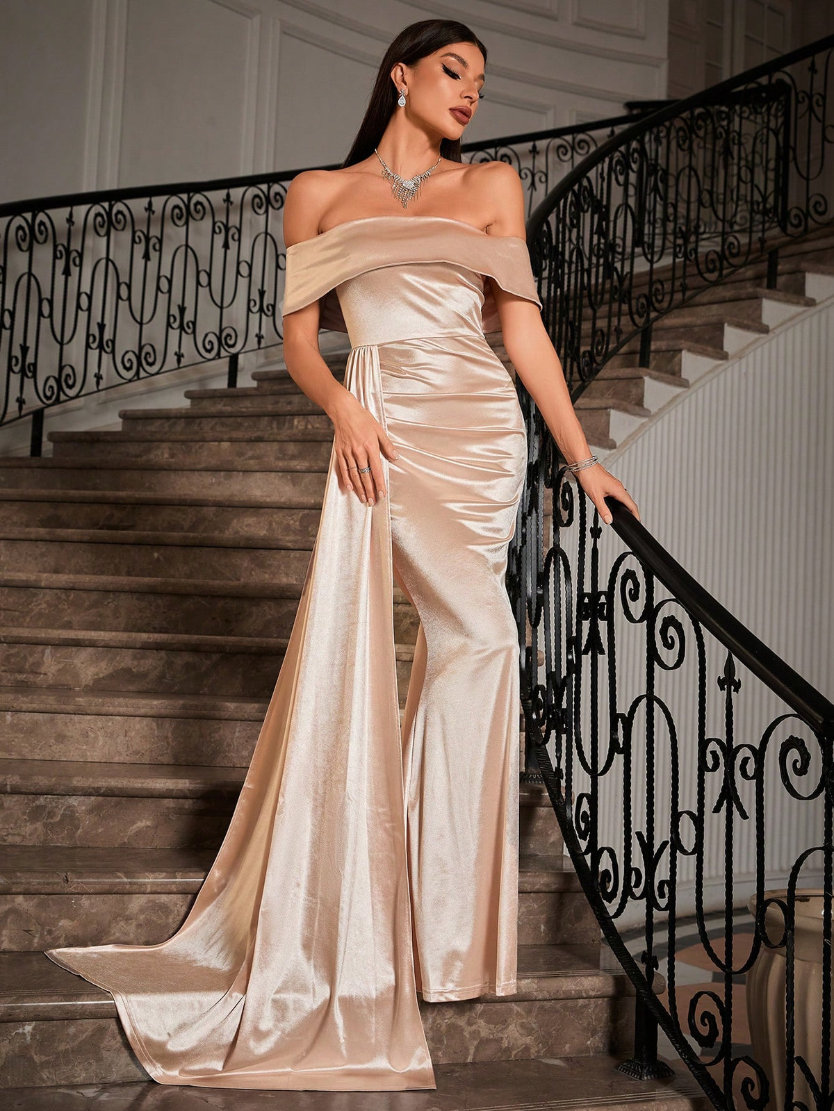 Women's Off Shoulder Ruched Draped Fish Tail Bridesmaid Evening Dress