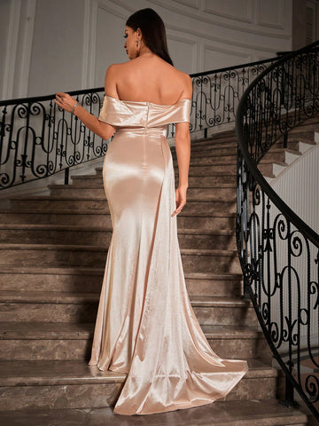 Women's Off Shoulder Ruched Draped Fish Tail Bridesmaid Evening Dress