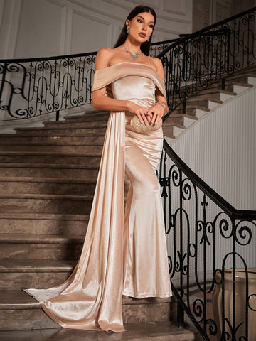 Women's Off Shoulder Ruched Draped Fish Tail Bridesmaid Evening Dress