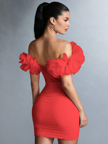 BAE Women's Off Shoulder Ruffle Layered Decorated Dress