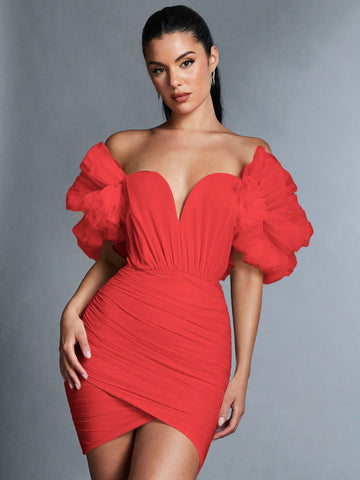 BAE Women's Off Shoulder Ruffle Layered Decorated Dress