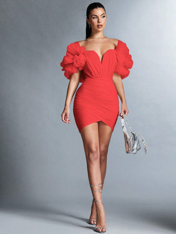 BAE Women's Off Shoulder Ruffle Layered Decorated Dress
