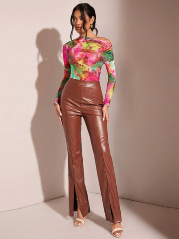 Women's Ombre Asymmetric Neckline Slim Fit Bodysuit