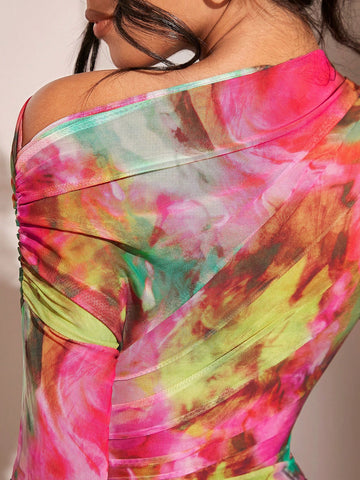 Women's Ombre Asymmetric Neckline Slim Fit Bodysuit