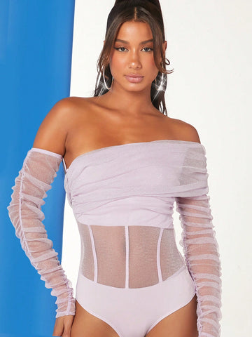 Women's One Shoulder Ruffle Mesh Bodysuit