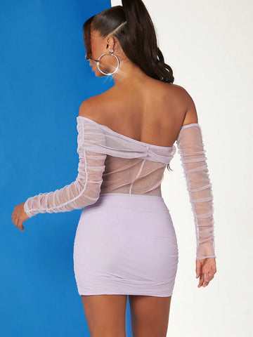 Women's One Shoulder Ruffle Mesh Bodysuit