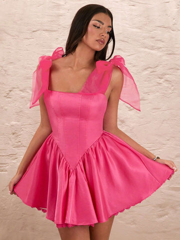 Women's Pink Bow Decorated Shoulder Strap Sweetheart Camisole Lace Patchwork Fluffy Mini Dress