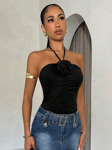 Women's Plain Halter Neck Ruched Flower Decorated Bodysuit