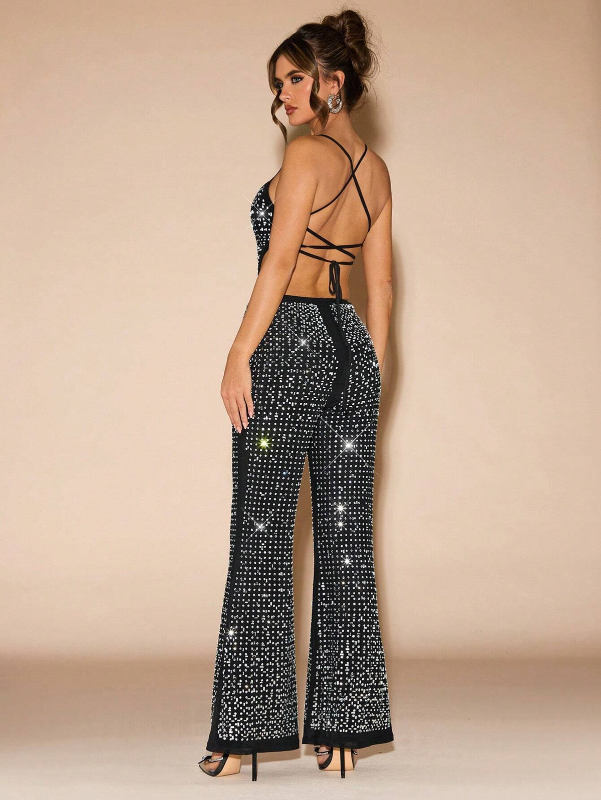 Women's Rhinestone Decor Open Back Tie Up Camisole Jumpsuit, Sexy And Elegant