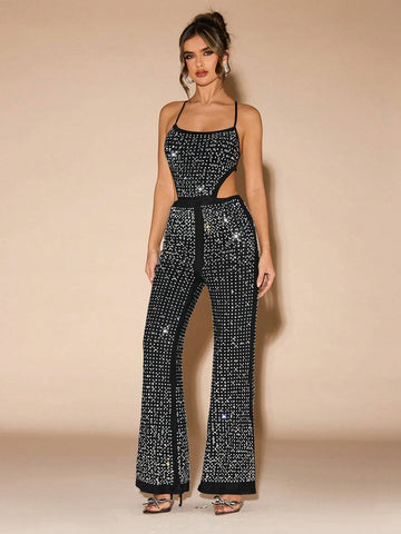 Women's Rhinestone Decor Open Back Tie Up Camisole Jumpsuit, Sexy And Elegant