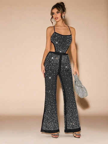 Women's Rhinestone Decor Open Back Tie Up Camisole Jumpsuit, Sexy And Elegant