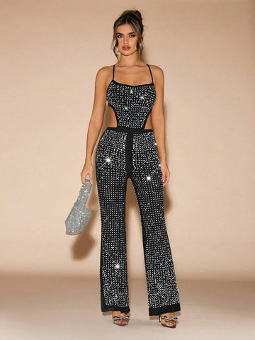 Women's Rhinestone Decor Open Back Tie Up Camisole Jumpsuit, Sexy And Elegant
