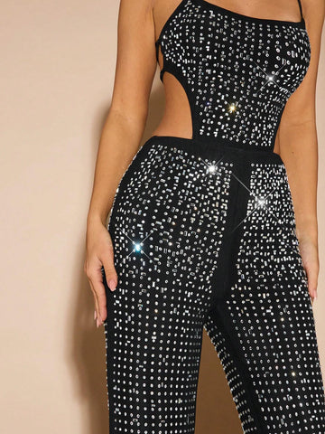 Women's Rhinestone Decor Open Back Tie Up Camisole Jumpsuit, Sexy And Elegant
