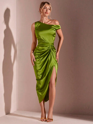 Women's Ruched Asymmetrical Neck Satin High Slit Midi Dress For Graduation Ceremony