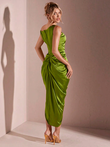 Women's Ruched Asymmetrical Neck Satin High Slit Midi Dress For Graduation Ceremony