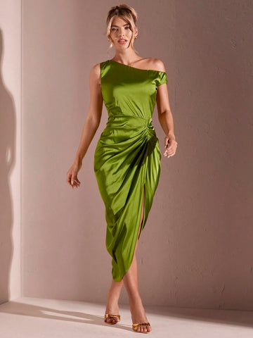 Women's Ruched Asymmetrical Neck Satin High Slit Midi Dress For Graduation Ceremony