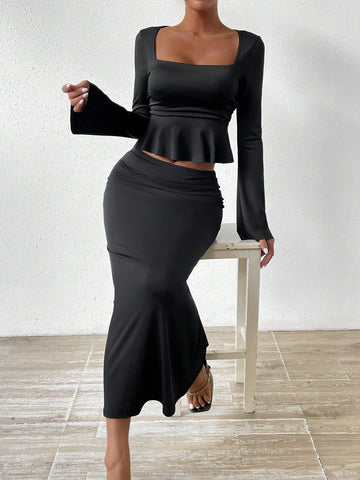 Women's Ruffle Hem Cropped T-shirt And Mermaid Hem Midi Skirt Set
