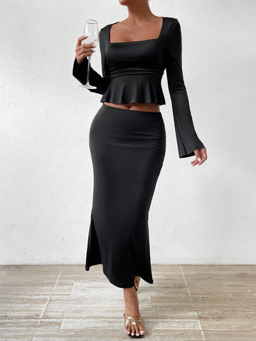 Women's Ruffle Hem Cropped T-shirt And Mermaid Hem Midi Skirt Set