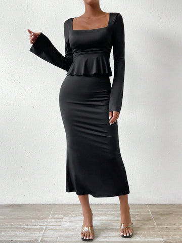 Women's Ruffle Hem Cropped T-shirt And Mermaid Hem Midi Skirt Set
