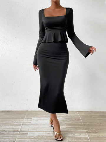 Women's Ruffle Hem Cropped T-shirt And Mermaid Hem Midi Skirt Set